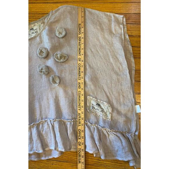 JDL Linen Tunic Top Women’s XS/S Ruffle Shirt Flower Appliqué Beige - Picture 8 of 9